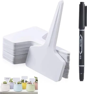 Produktbild von 60 Stück Gartenetiketten für den Außenbereich, T-förmige Pflanzenstecker aus Kunststoff, Etiketten für den Gemüsegarten mit wasserfestem Stift, wiederverwendbare Etiketten und Pflanzenzubehör (Weiß)
