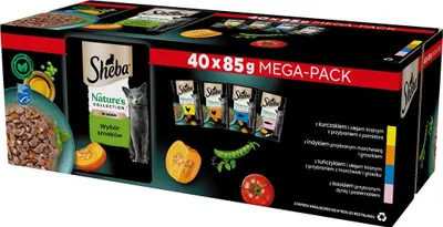 A mega-pack of Sheba cat food pouches, displayed in a box with product images and text.