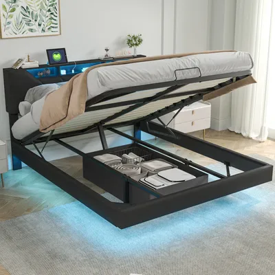 Produktbild von Bett mit LED Beleuchtung, Hydraulisches Bett 160 x 200 cm, Polsterbett, Regalkopfteil mit Stauraum, Bettgestell mit Lattenrost, bequem, PolyurethanSchwarz