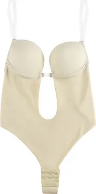 Produktbild von ASKSA Rückenfreier Unsichtbar Body Shaper-BH mit tiefem V-Ausschnitt,Nahtloser Tanga Tiefem V-Bodysuit BHS, Hautfarbe, L