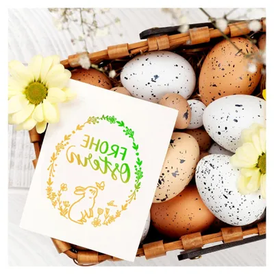 Produktbild von 2 Stück Holzstempel mit Frohe Ostern Motiv, Osterhase und Blumenkranz für Scrapbooking und Bastelarbeiten