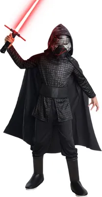 A child wearing a Kylo Ren costume and holding a lightsaber.
