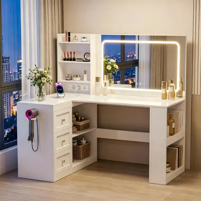Produktbild von L-förmiger Eck-Schminktisch mit LED-Beleuchtung, Steckdose und USB, 7 Schubladen, Föhnhalter, Weiß, 112 cm