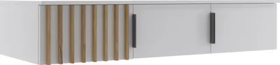 A wall-mounted cabinet with wooden slatted doors and two plain doors.