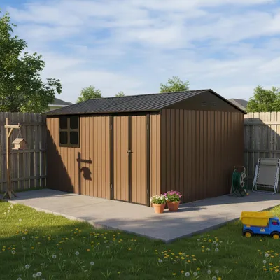 Image de Abri de jardin métallique 10,34 m² à toit pointu, dimensions 362 x 285,5 cm, avec porte battante et cadenas. Abri de jardin résistant aux intempéries, sans cadre de fond, couleur marron-noir
