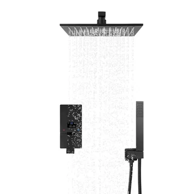 A black shower system with a rain showerhead, a control panel, and a handheld showerhead, shown against a white background with water droplets.