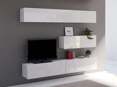 Produktbild von Wohnwand CALABRINI-8 Wohnzimmer-Set Hängewohnwand Schrankwand TV-Schrank Moderne Anbauwand Hochglanz (Weiß)