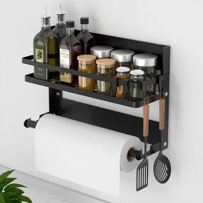 Produktbild von Unyqoos Wandregal Schwarz mit Küchenrollenhalter und Haken für Küche und Badezimmer, platzsparend, rostfrei
