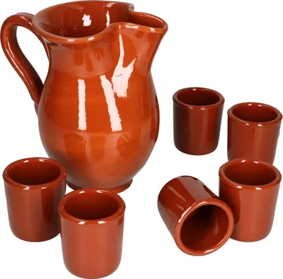 Produktbild von MamboCat 7-tlg Set 1x Tonkrug 0,5 Liter + 6x Shot-Becher 50 ml Tonware Mediterran Unikat Handarbeit