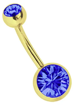 Produktbild von Bauchnabelpiercing Banane in 1,6 x 12 mm mit 5/8 mm Steinkugeln in dunkelblau, Gold beschichtet