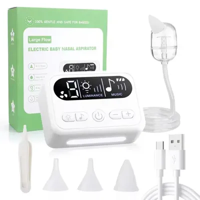 Immagine prodotto di Aspiratore nasale elettrico per bambini - Modello 608 - Ricaricabile - 9 livelli di aspirazione - 3 beccucci in silicone - Funzionamento silenzioso - 10 canzoncine per bambini - Bianco