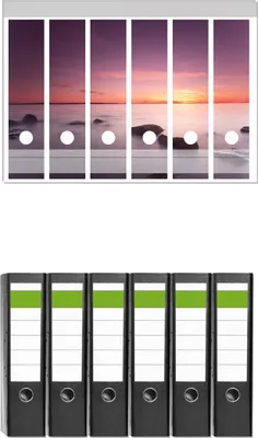 Produktbild von Wallario 6 Stück breite Ordner inkl. Klebeetiketten mit Motive Nebel am See bei Sonnenuntergang -  Set mit Rückenschildern / Ordnerrücken Stickern