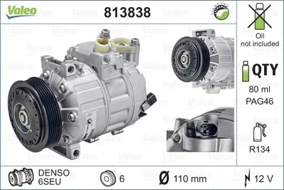 Produktbild von VALEO 813838 6SEU14 Klimaanlage Klimakompressor PAG 46 R134a für VW GOLF VI (5K1) Golf V Schrägheck (1K1) Polo Schrägheck (6R1, 6C1) TIGUAN (5N)