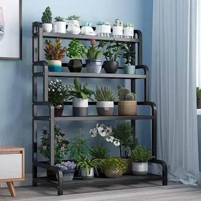 Productafbeelding van Metalen bloemenstandaard - Meerlaags verlichtingsontwerp - Geschikt voor binnen- en buitengebruik - 80x50x135 cm - Zwart
