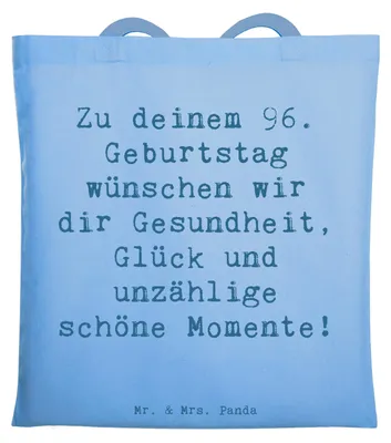 Produktbild von Mr. & Mrs. Panda Tote Bag Spruch 96. Geburtstag - Sky Blue - Geschenk, Erinnerungen, Shopping Tasche, Dankbarkeit, Laptoptasche, Milestone, besondere Anlässe, Stoffbeutel