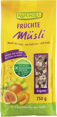 A product package for muesli, showing fruit illustrations and product details.