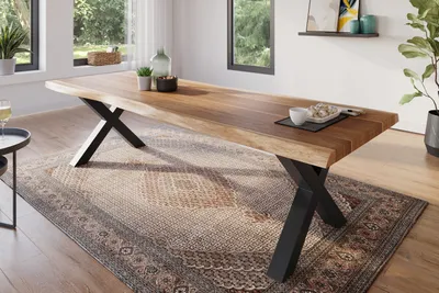 Produktbild von Esstisch 300 x 100 cm Akazie massiv natur Baumkantentisch X-Gestell schwarz ATLAS