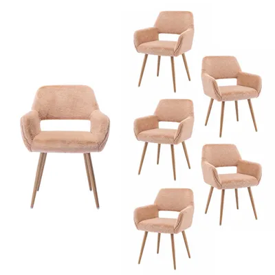 Produktbild von Meubles Cosy Set aus 6 Esszimmer-Armlehnstühle im skandinavischen Stil aus Kunstfell in Camel-Optik mit Metallbeinen in Holzoptik