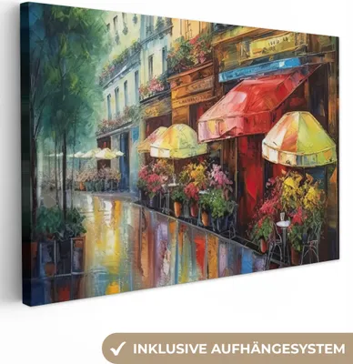 Produktbild von MuchoWow® - Leinwandbilder - Straße - Ölgemälde - Farbenfroh - Stadt, Wandbild, Wanddeko Bilder Wohnzimmer, 120x80 cm