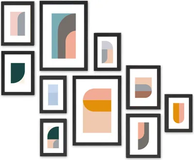 A collage of framed abstract art pieces with geometric shapes and pastel colors.