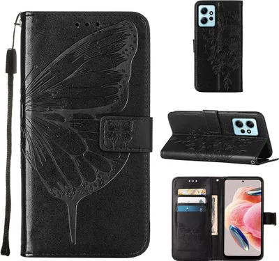 Produktbild von Lederhülle für Xiaomi Redmi Note 12 4G Schmetterling Prägung Flip Ledertasche Kartenfächer Handyhülle mit Ständer Schwarz