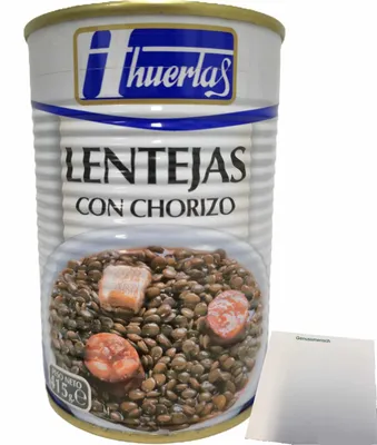 Produktbild von huertas Lentejas con Chorizo (Linsen mit Paprikawurst) (415g Konserve) + usy Block