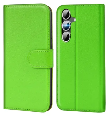 A bright green book-style phone case is shown from two angles, one open and one closed.