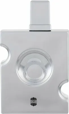 A silver perfume bottle with a square design and a circular indentation in the center.