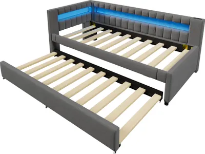 Produktbild von Daybett, Tagesbett, Schlafsofa, 90*200cm, mit LED-Fernbedienungslichtleiste am Bettende,mit USB + TYPE-C, mit Ausziehbett(ohne Matratze)  Leinen,Grau