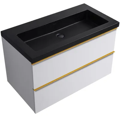 Image de CERANO - Meuble de salle de bains Velora - blanc mat, poignée dorée + lavabo en marbre synthétique Ovo - noir mat - 80,5 x 58 x 46,5 cm