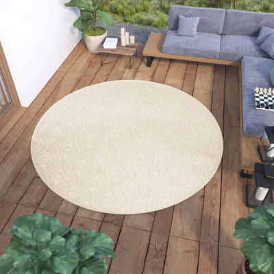 Produktbild von Teppich Rund Outdoor Indoor Wohnzimmer Schlafzimmer Modern Design Terrasse Balkon Creme 120 x 120 cm