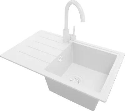 Produktbild von PRIMAGRAN Granitspüle Alles Weiß 70x44cm, Spülbecken 1 Becken + Küchenarmatur 32x20cm + Ablauf-Set, Küchenspüle ab 45er Unterschrank - Kopenhagen Easy