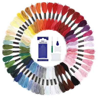 Stickgarn-Set 50 Stränge 8m Kreuzstichgarn Regenbogenfarben mit Nadeln
