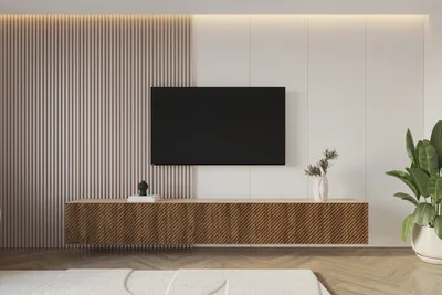 Produktbild von ALTDECOR TV-Schrank ZENO-W mit Gefrästen Fronten 3x100x40x40 Lowboard hängend, TV Möbel, TV Cabinet, Fernsehtisch, Fernsehschrank, TV Kommode, TV Tisch, TV Sideboard, TV Board - Artisan / Weiß