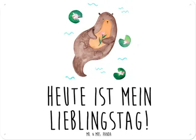 Produktbild von Mr. & Mrs. Panda Schild Otter Seerose DIN A6 - Weiß - Geschenk, Lieblingstag, Retro Blechschild, Wandbild, Fluss, tafel, Wasser, Seeotter, Türschild