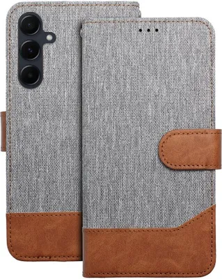 A flip-style phone case with a textured gray fabric exterior and brown faux leather accents.