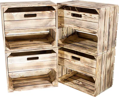 Produktbild von 4x geflammte/gebrannte Holzkiste mit Schublade und Fach 50cm x 40cm x 30cm Regal Weinkiste Obstkiste Apfelkiste