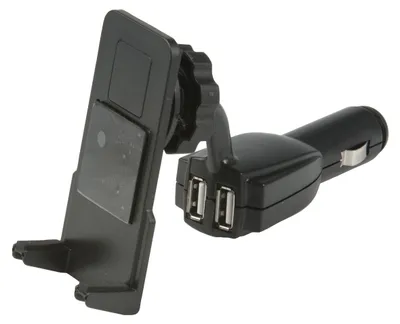 Zdjęcie produktu dla Uchwyt samochodowy na telefon All Ride z ładowarką samochodową z 2 portami USB - Wejście 12V / Wyjście 5V-1A - Uniwersalny stojak na telefon komórkowy - Samochodowa ładowarka USB do smartfonów, tabletów i MP3 - Czarny