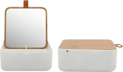 A white cosmetic storage box with a bamboo lid and a mirror attached to the lid. The box is shown from the front with the mirror open and from the side with the lid closed.