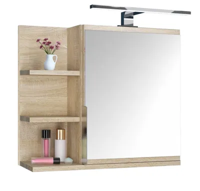 Produktbild von Spiegelschrank 60x50 Sonoma Eiche, Badezimmerschrank mit Ablagen, Badezimmerspiegel, Hängeschrank LED LAMPE - Links