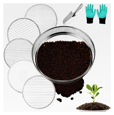 Produktbild von 25 cm Gartensieb aus Edelstahl mit 5 austauschbaren Siebeinsätzen Ø 1,3,6,9,12 mm und 27 cm langem Handspaten