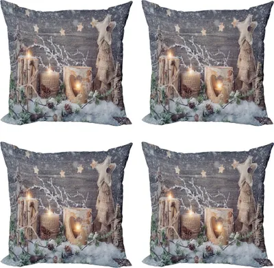 Produktbild von ABAKUHAUS Weihnachten Kissenbezug Set (4 Stück), Candle Winterurlaub, Moderner Doppelseitiger Digitaldruck, 50 cm x 50 cm, Khaki und Grau