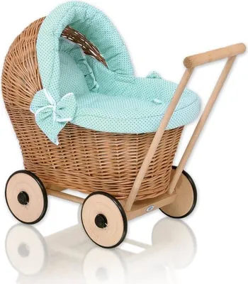Produktbild von Korbpuppenwagen, Korbwagen, mit mintfarbener Polsterung – handgefertigt und extra weich