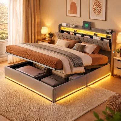 Obrázek produktu pro Postel INONEFT, čalouněná, s pružinovou základnou, rozměry 160x200 cm, s LED osvětlením a nabíječkou USB, postel pro mládež i pro dva, s lamelovým roštem a hydraulickým úložným prostorem, barva: šedá samet