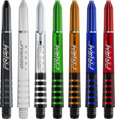 A collection of seven dart shafts in different colors, arranged side-by-side against a white background.