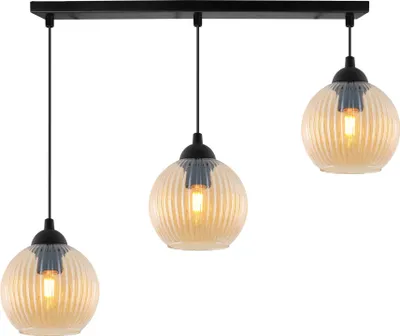 Image de Suspension RIFFLE noire à 3 ampoules, boule en verre ambrée, E27