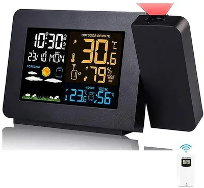 Imagen del producto de Estación meteorológica con termohigrómetro, pantalla de proyección, radio reloj RCC y doble indicador de alarma