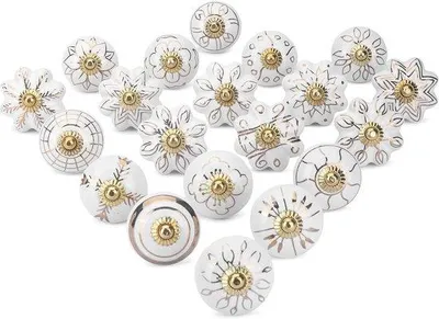 Productafbeelding van Set van 20 Handgemaakte Keramische Knoppen voor Keukens en Kasten – Wit en Goud Decoratieve Meubelgrepen