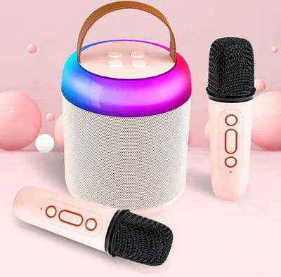 Obrázek produktu pro Přenosný mini Bluetooth reproduktor se 2 bezdrátovými mikrofony a LED světlem pro děti