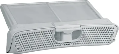 A white lint filter for a dryer, viewed diagonally from the front.
